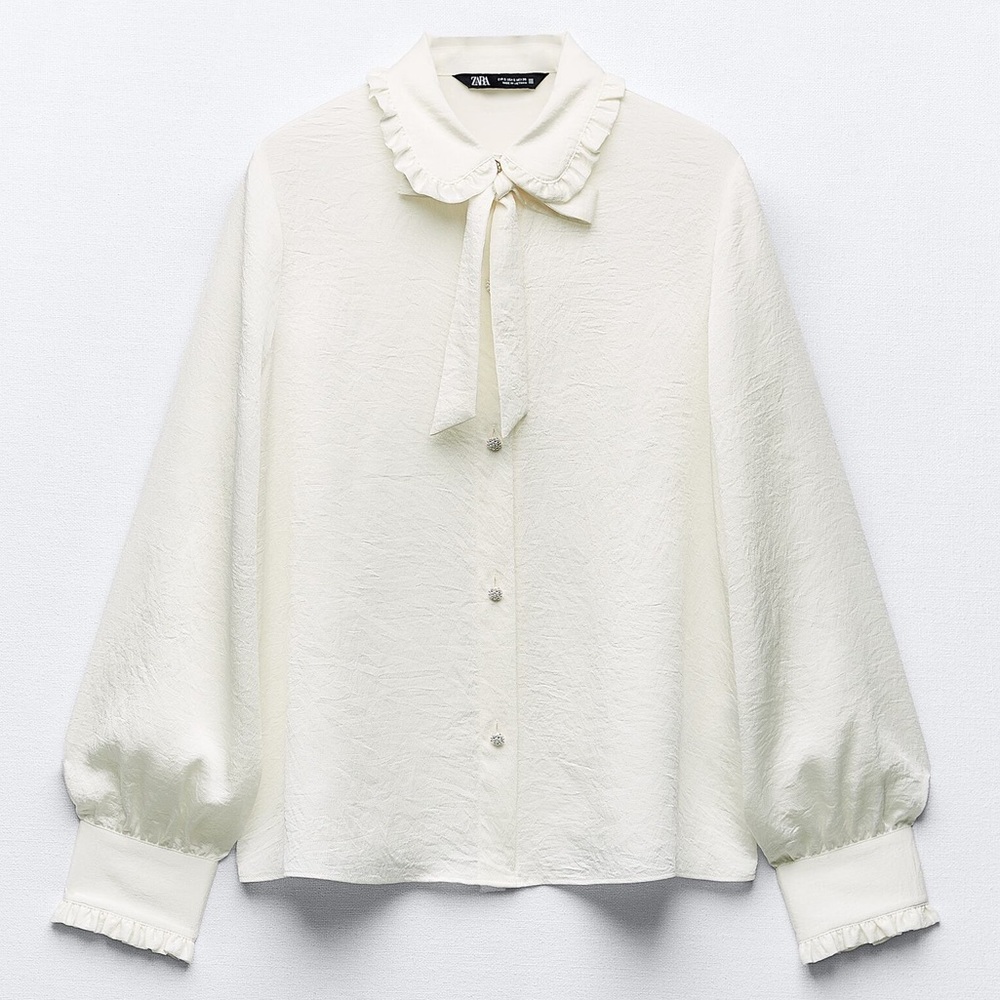 NWT Zara WRINKLED LOOK RUFFLED SHIRT, ECRU, XS